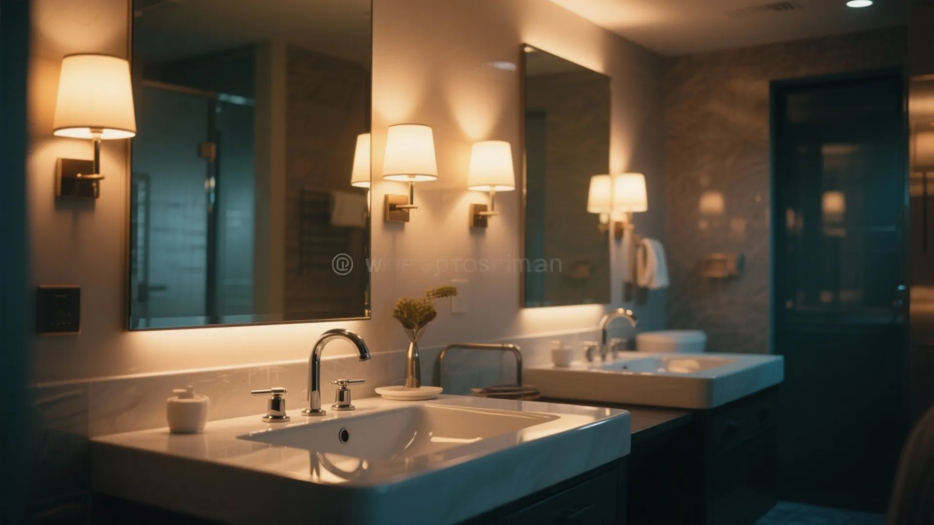 Luxury bathroom vanity with double sinks large mirrors and warm wall light fixtures providing soft lighting