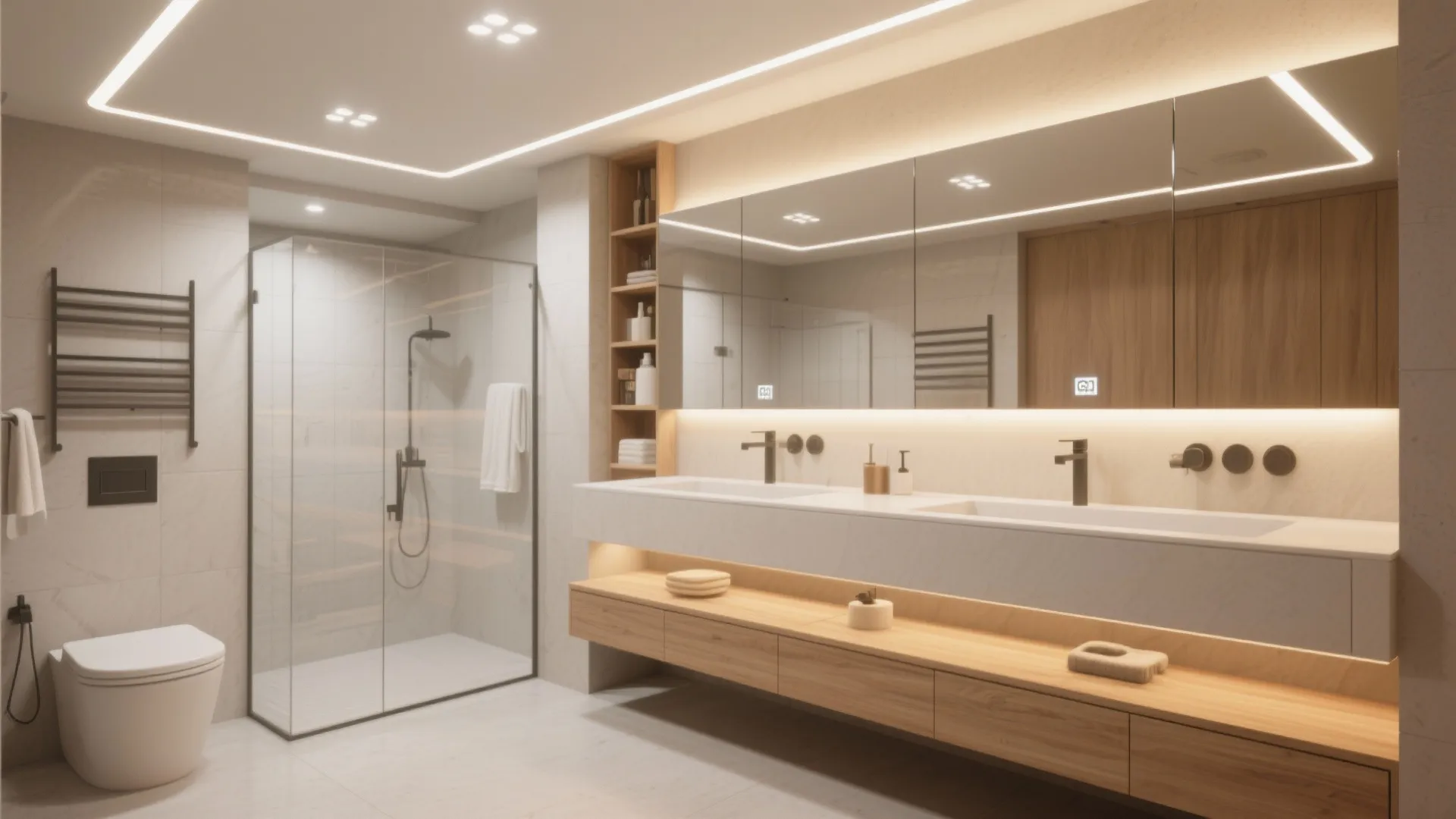 Luxury bathroom interior with long mirror light fixture wood cabinet glass shower and white wall toilet