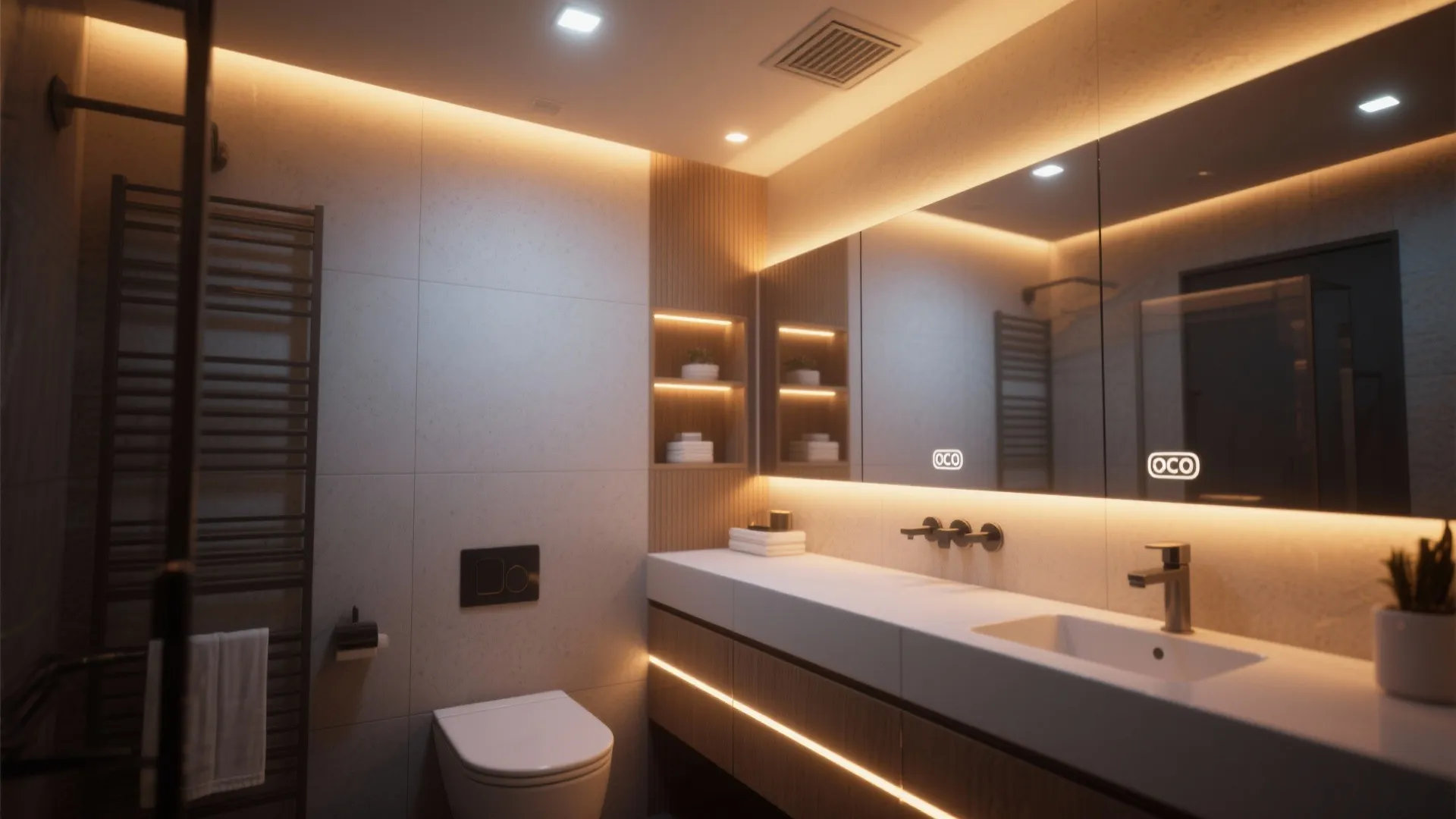 Modern bathroom with warm hidden light strips under cabinets and behind mirror near white toilet