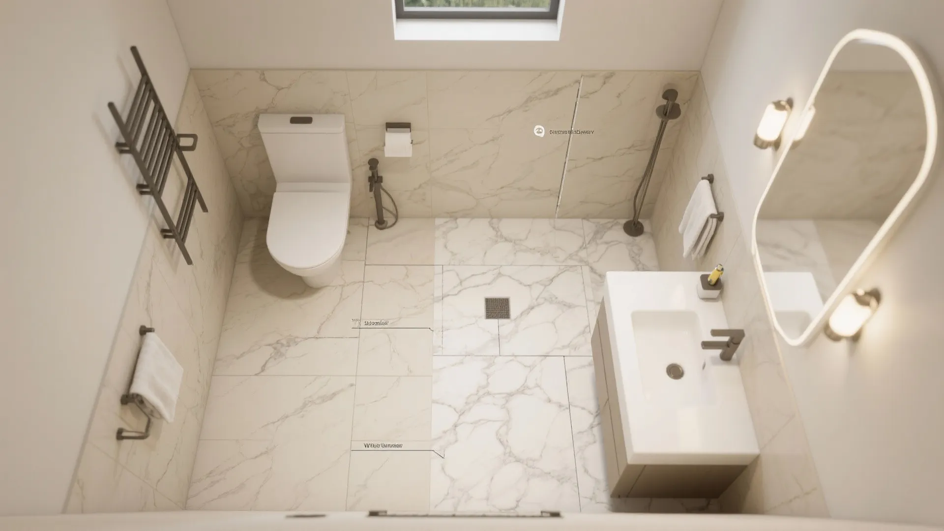 Top-down mockup of a small bathroom layout with beige finishes and fixture placements.