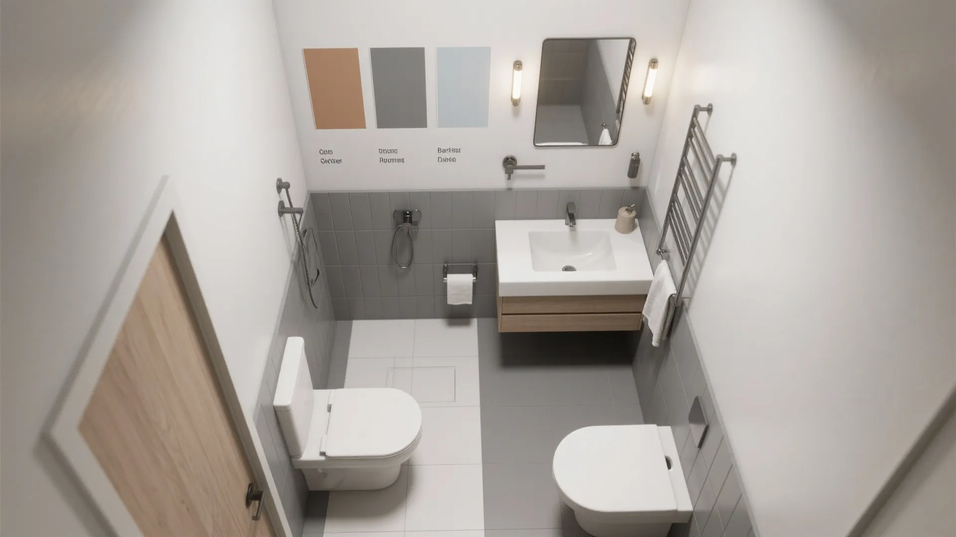 Top view of small bathroom layout featuring white toilet sink mirror and grey wall tiles