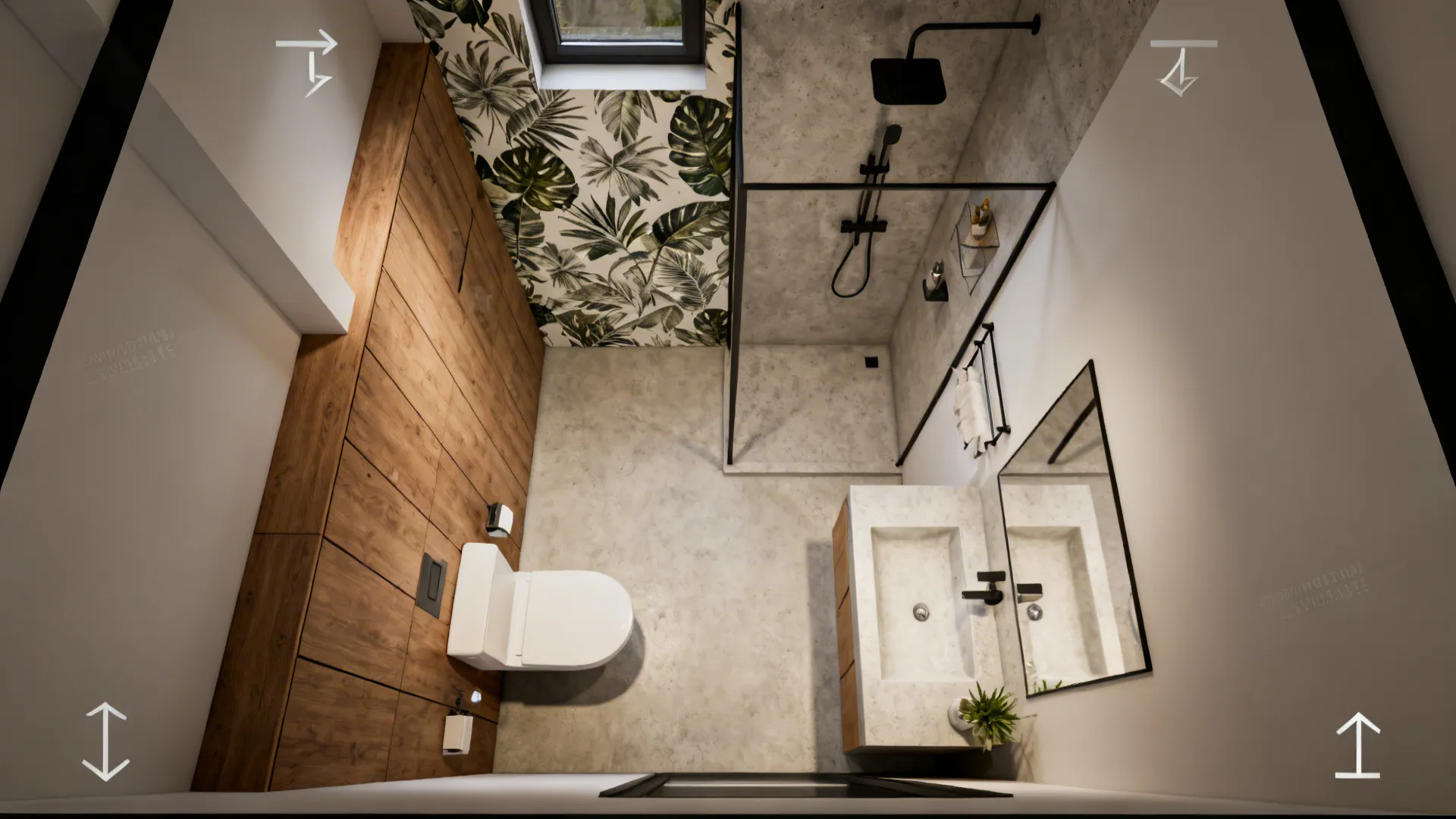 Top-down mockup of a small bathroom showing different wall finish zones and mirror placement