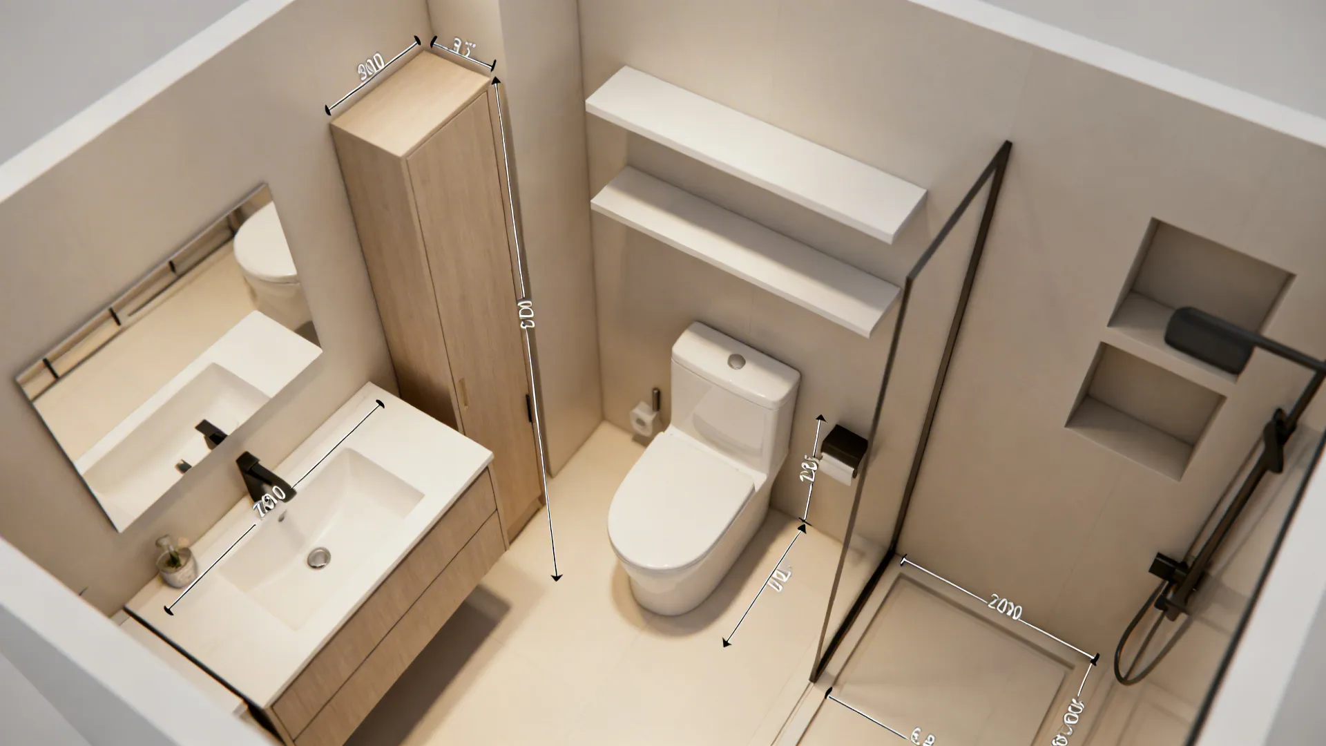 Top-down mockup floor plan showing optimal shelf placements in a small bathroom.