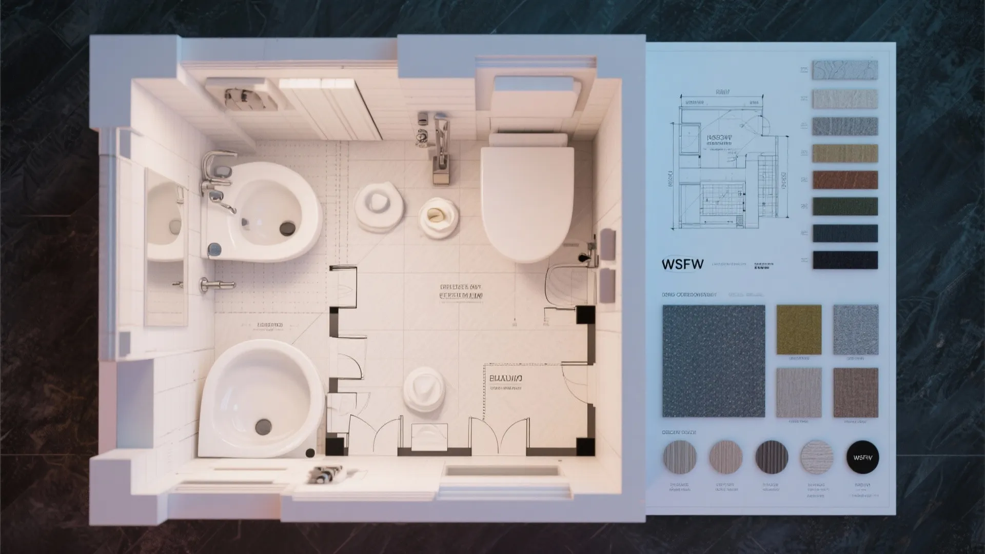Interior design drawing showing a top view bathroom layout plan with materials and color samples