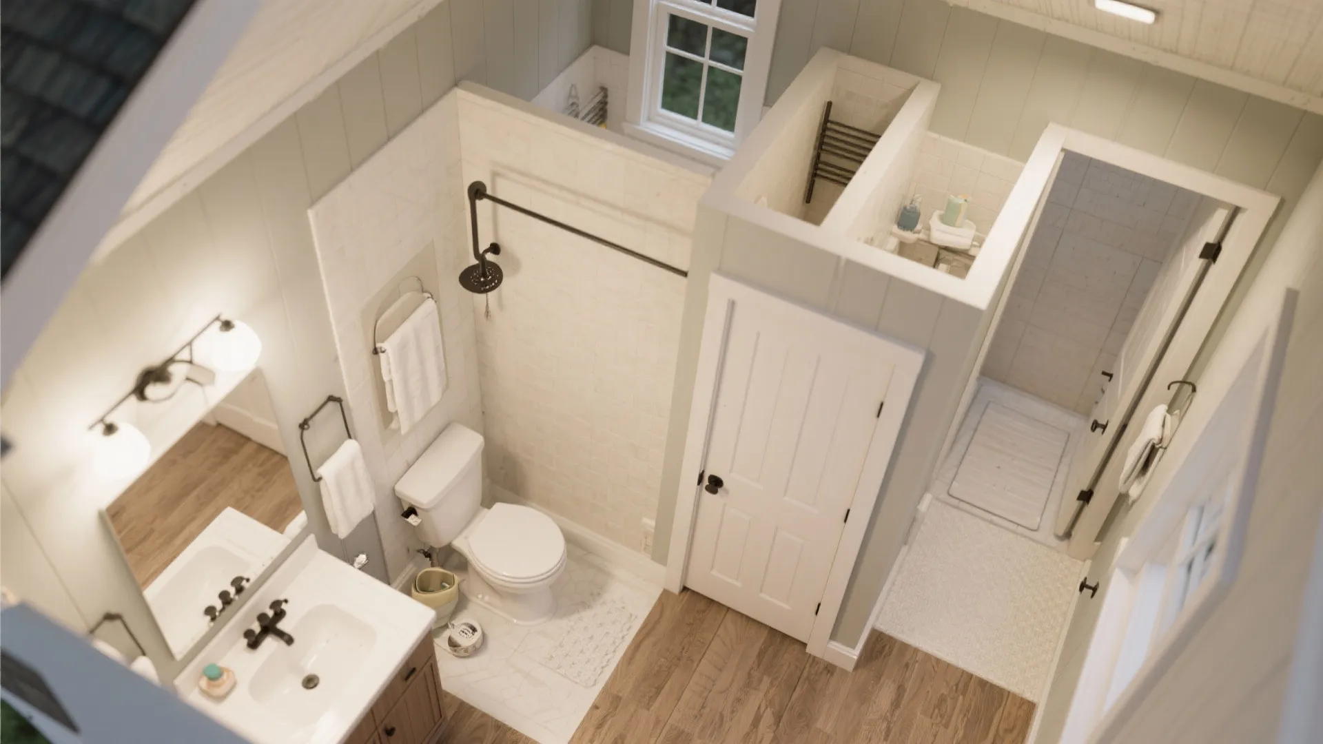 Interior design drawing from top view showing small bathroom layout with shower toilet and white sink