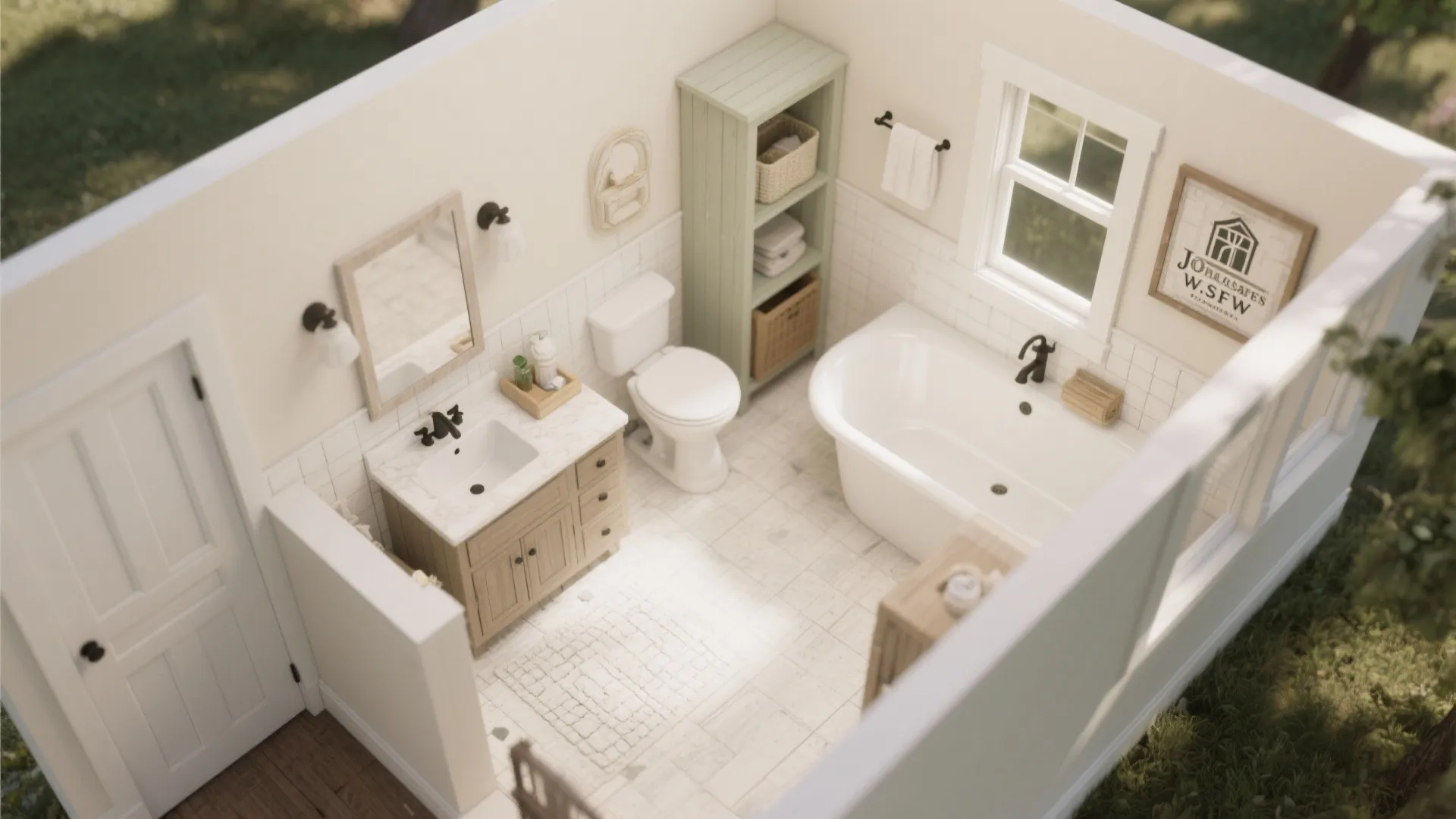 3D top-down view of a small farmhouse bathroom floor plan