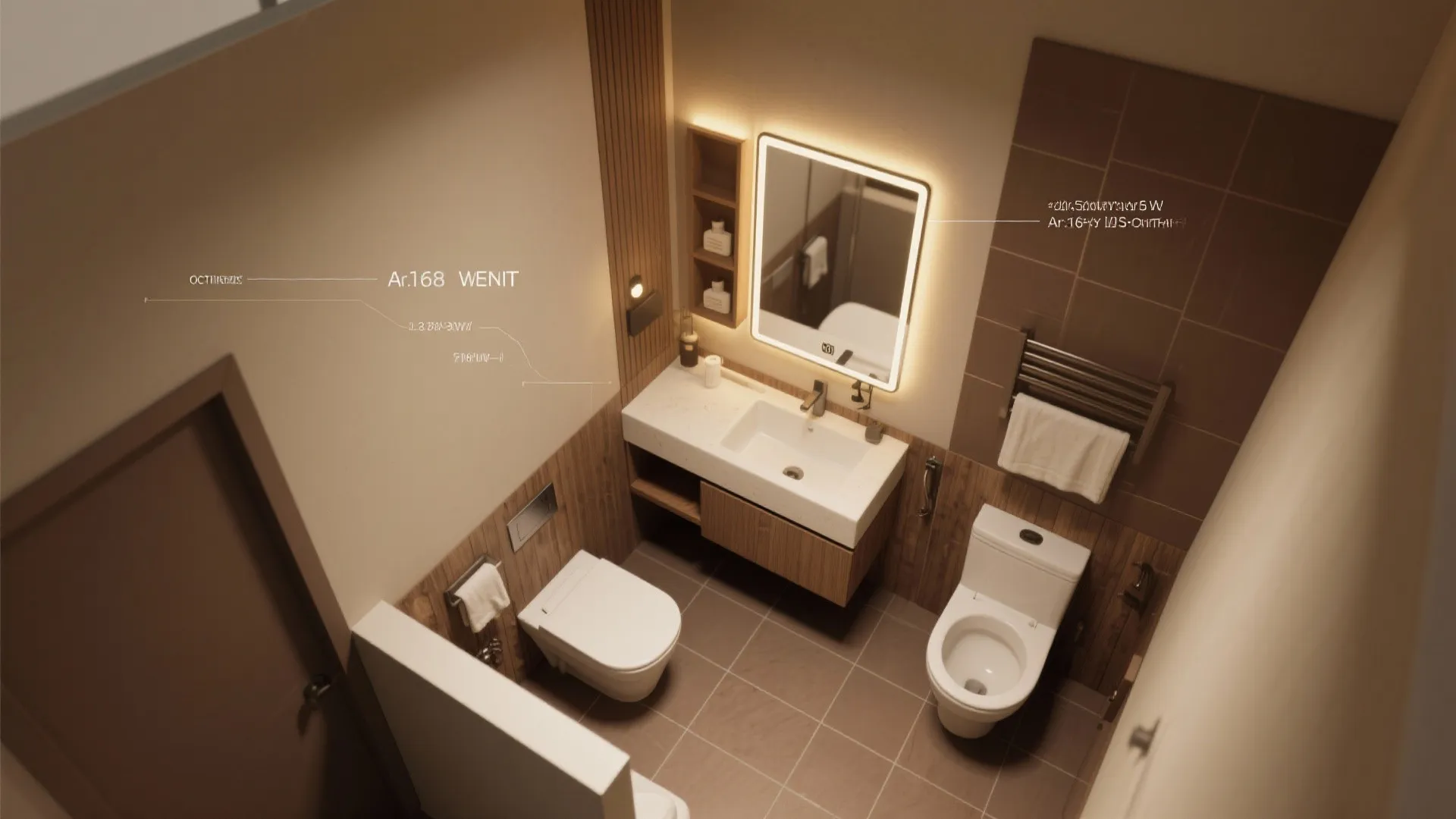 Top view of a small bathroom with white toilet sink lighted mirror and brown tiles