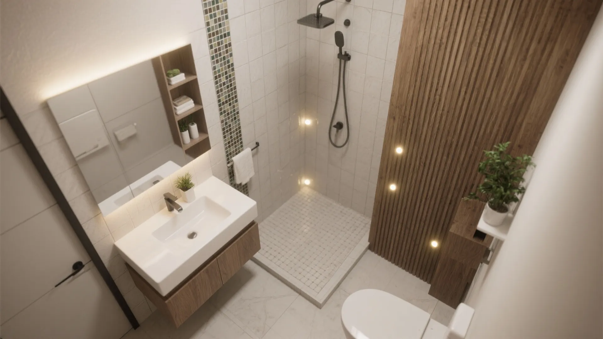 Top-down rendered layout of a small bathroom with floating vanity and shower niche