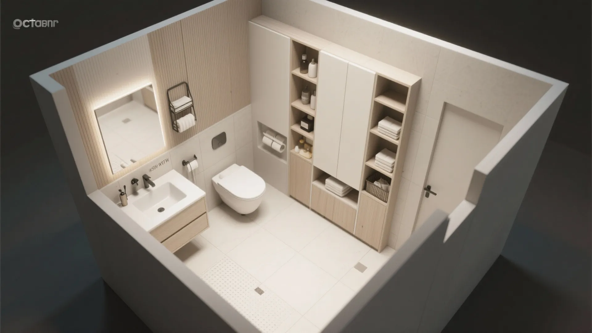 Top view of a bathroom layout featuring white toilet sink wood cabinet and tall storage shelves