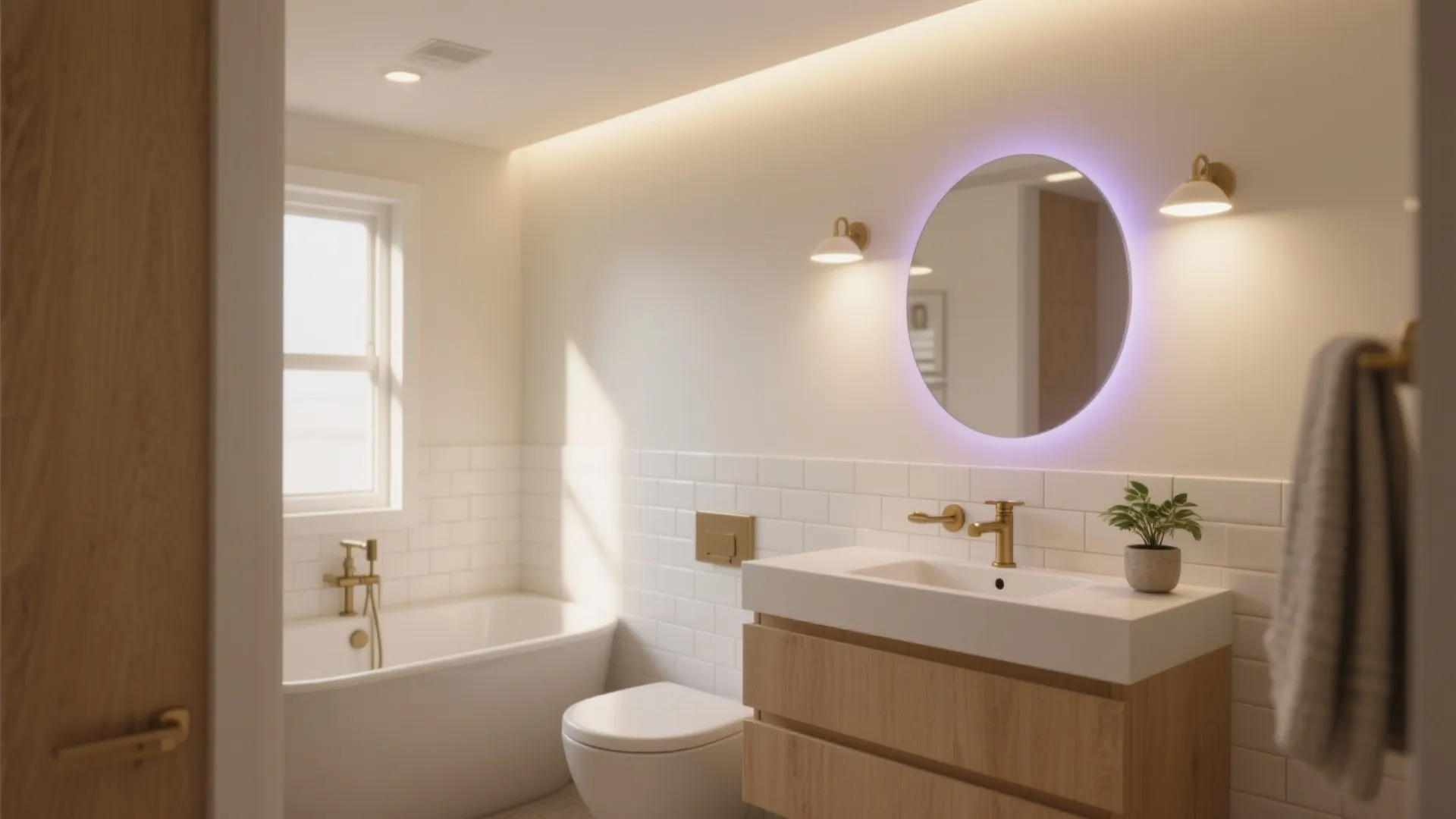 Modern bathroom interior design featuring white bathtub wooden cabinet round mirror and warm gold light fixtures