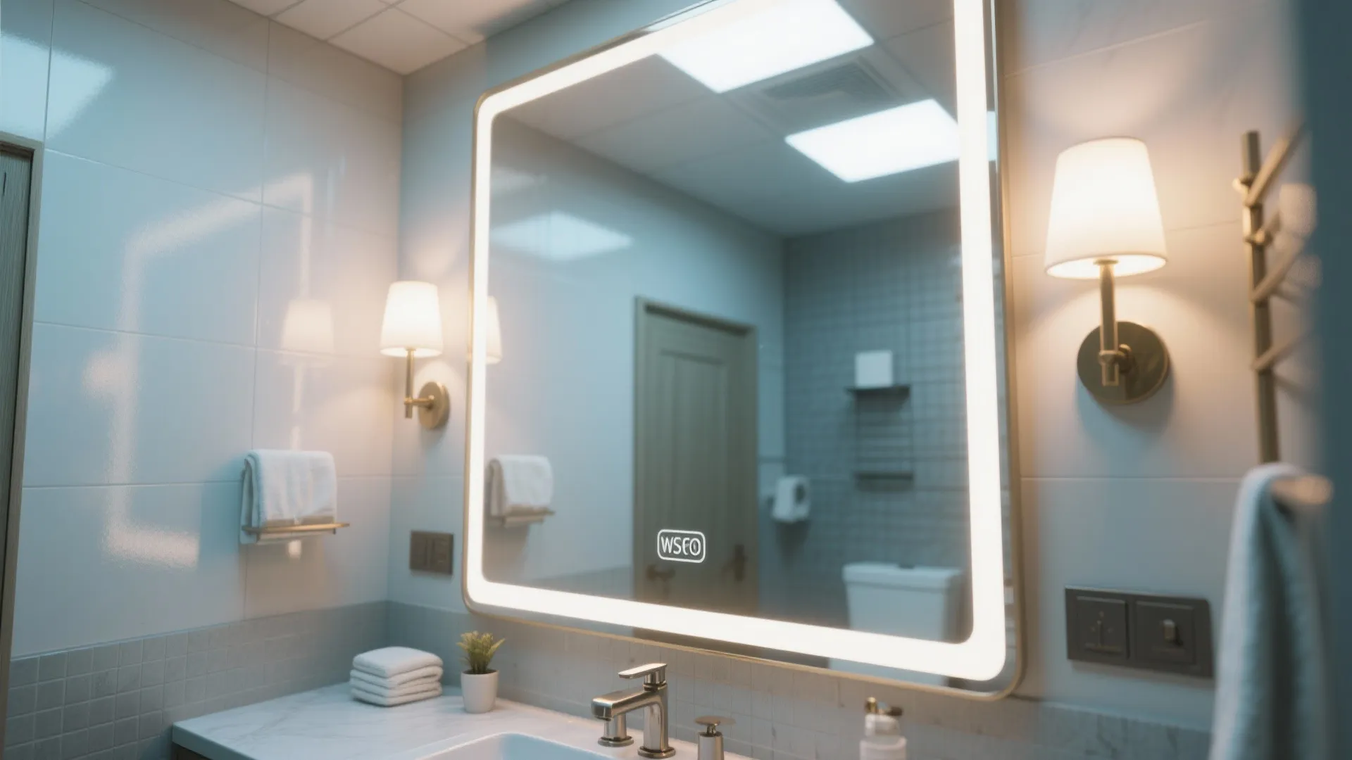 Modern bathroom with a large square lighted mirror wall lights white towels and marble sink