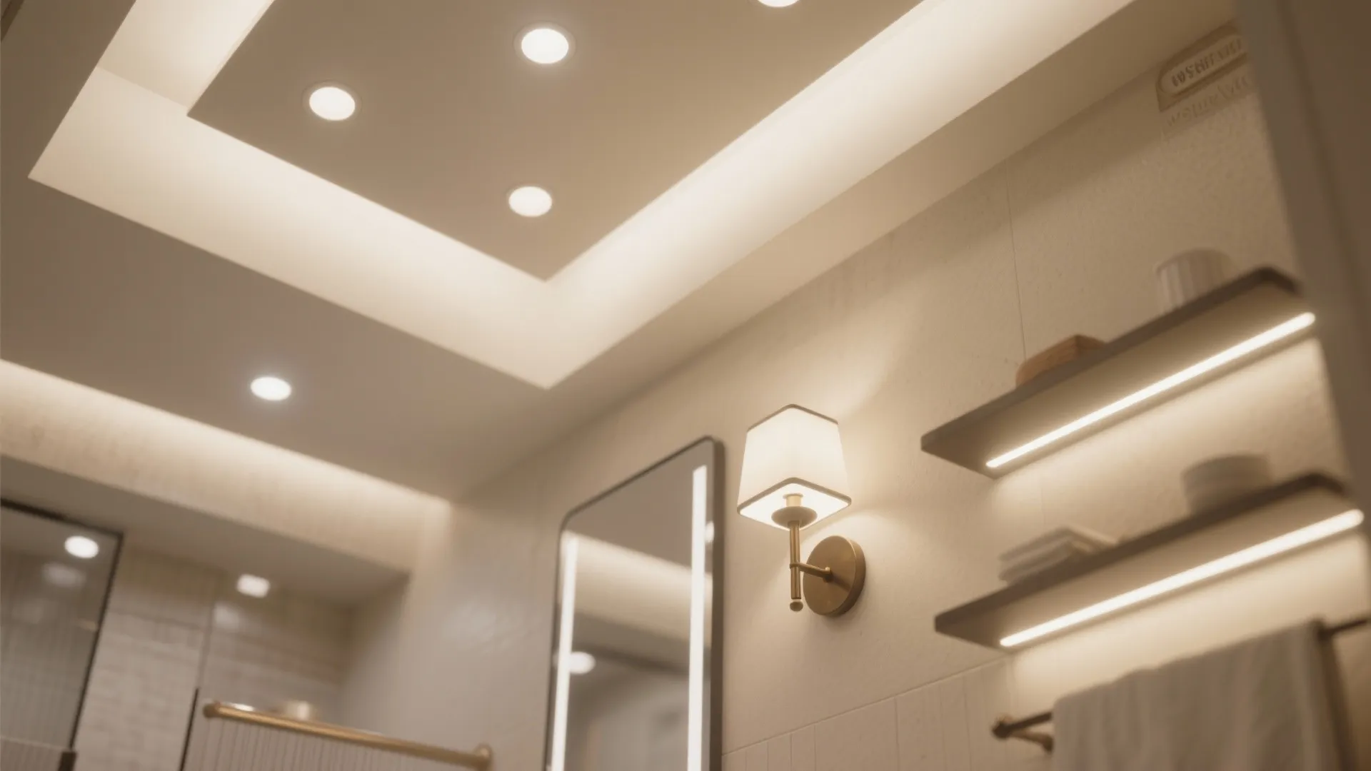 Cozy bathroom ceiling with warm recessed lights wall light and mirror reflecting the bright room