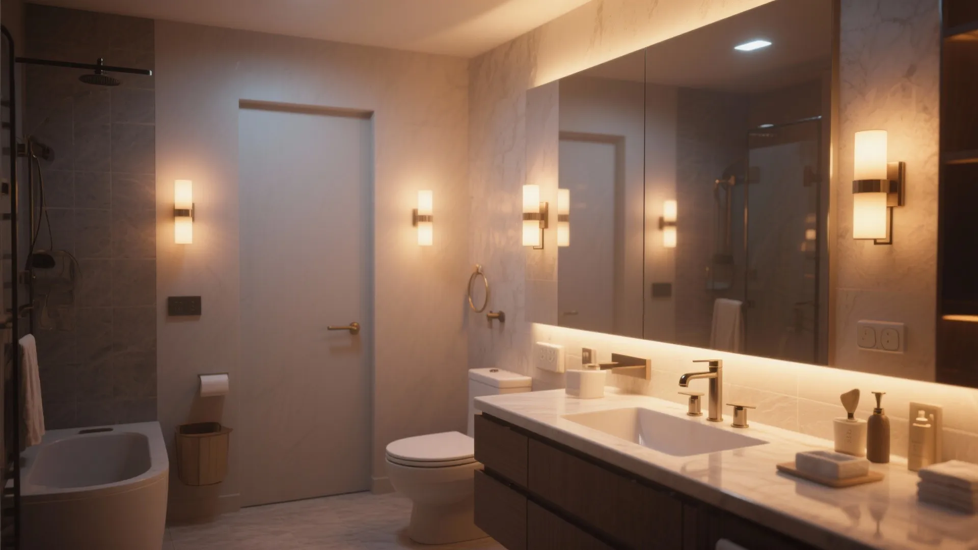 Luxury bathroom interior with warm wall lights large mirror dark wood cabinet and white marble counters