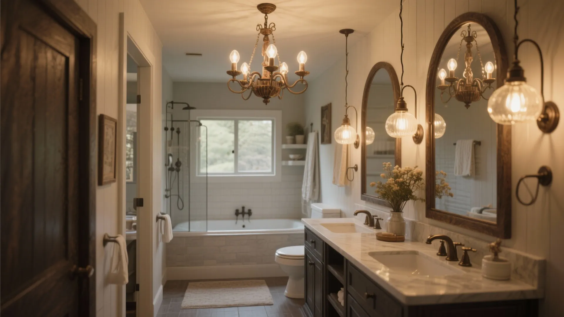 Classic bathroom interior design with ceiling light warm wall lights two mirrors and white bathtub
