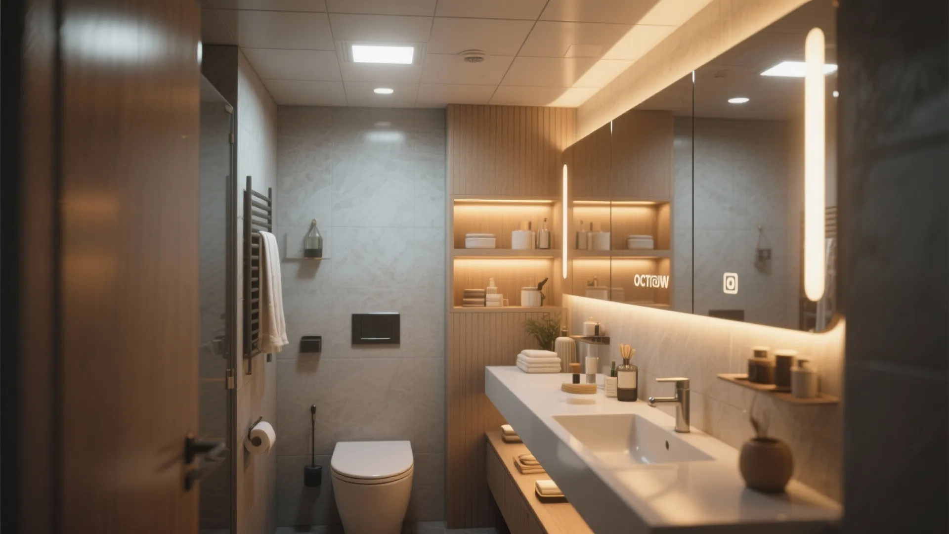 Small bathroom design with warm light fixture behind mirror and wooden shelves plus white sink counter