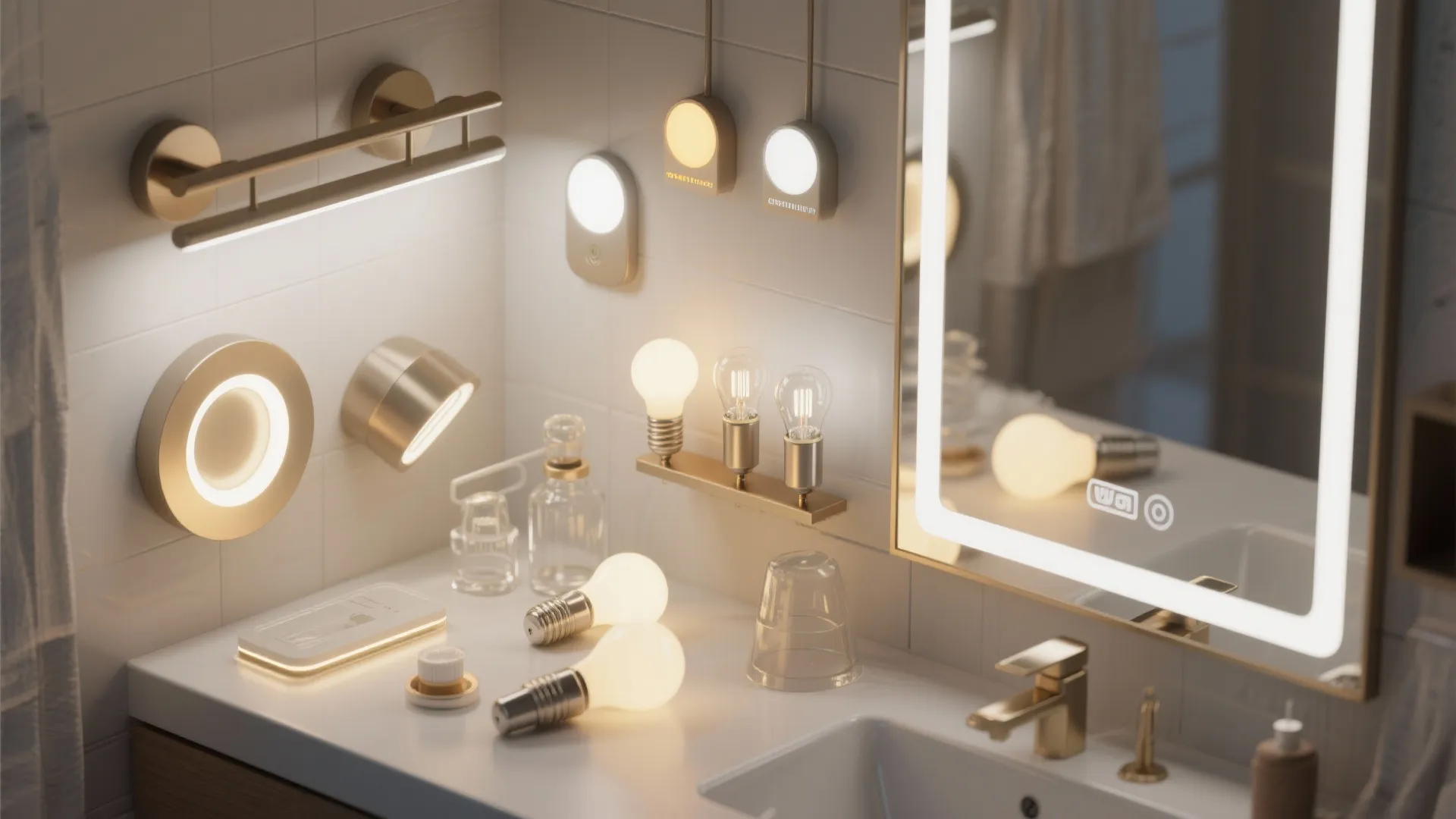 Modern bathroom counter with gold light fixtures various light bulbs and a glowing lighted mirror