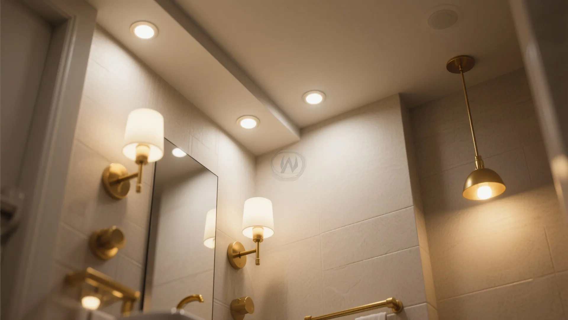 Bathroom interior with gold wall light fixtures and ceiling light over a large vanity mirror