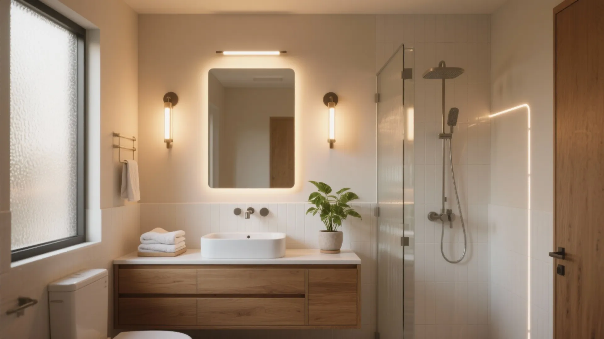 Modern bathroom with wood cabinet white sink lighted mirror wall lights and a glass shower