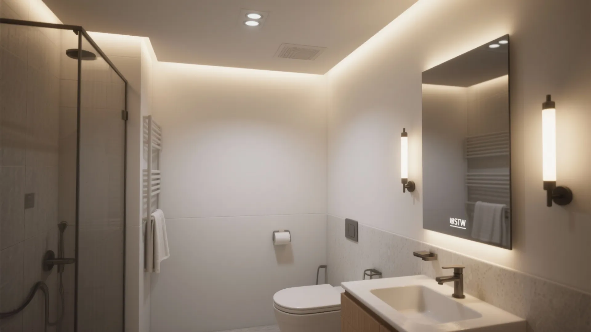 Modern bathroom with wall lights on both sides of a mirror above a white sink