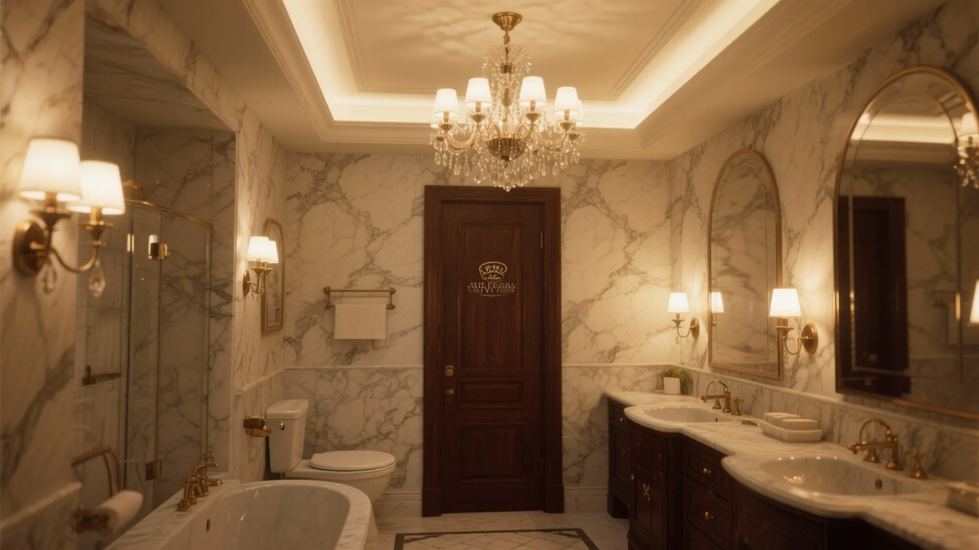Luxury bathroom with marble walls featuring gold ceiling light plus double sink cabinet and mirrors