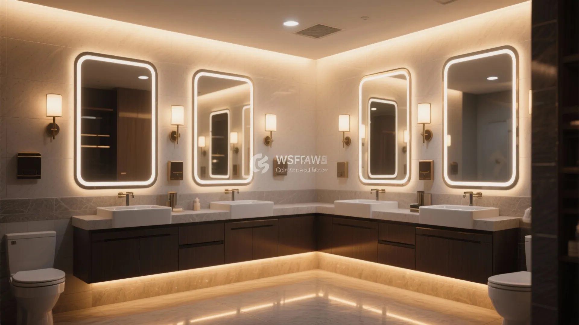 Commercial bathroom with varied lighting layers for ambiance