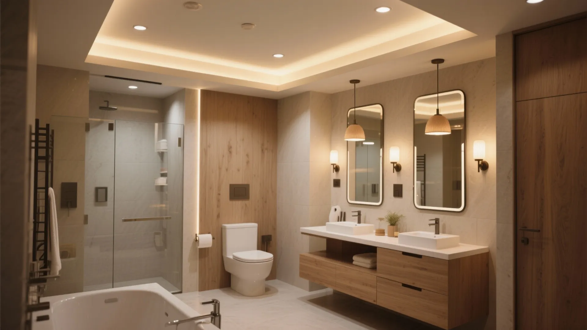 Luxury bathroom with double sinks wooden cabinets two mirrors wall lights and warm ceiling lighting