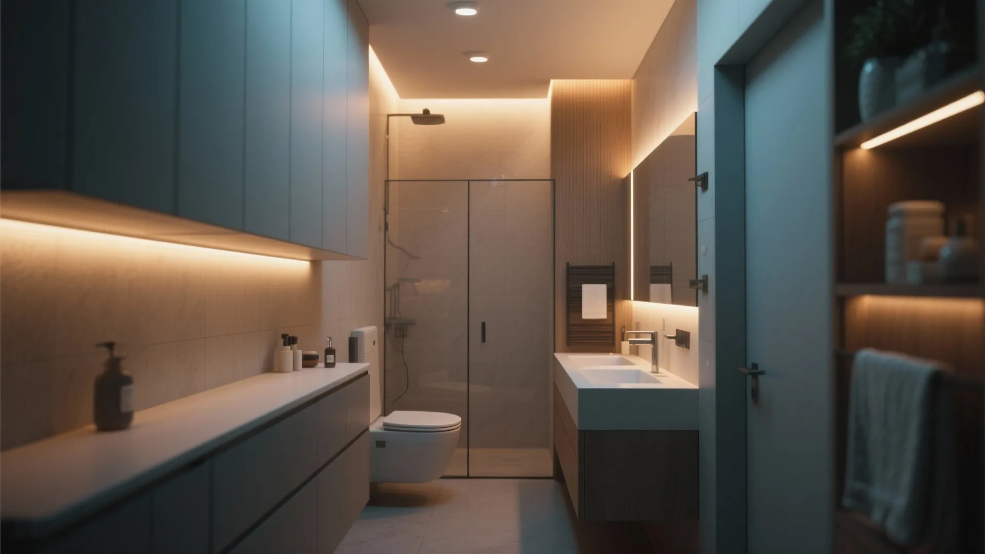 Modern bathroom interior design with warm light fixtures white sink toilet cabinets and shower area