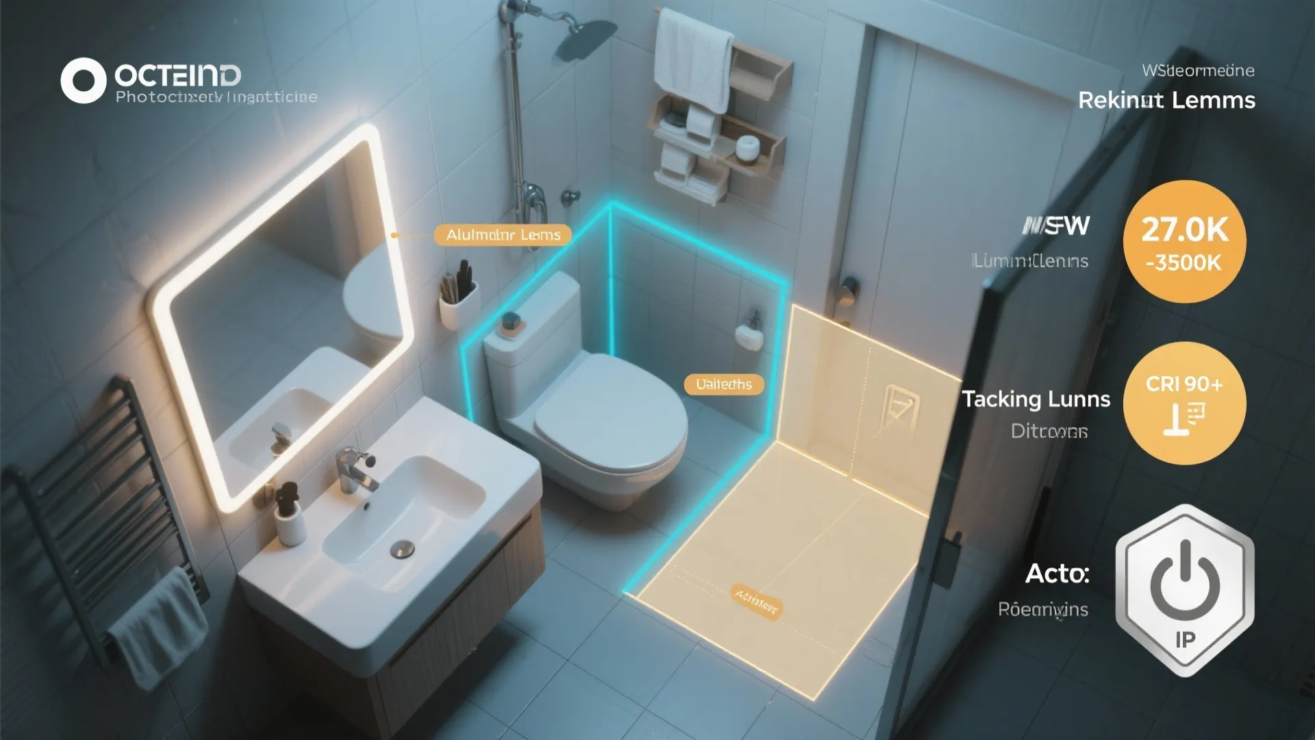 Modern bathroom interior design showing light fixture zones with toilet sink mirror and shower area