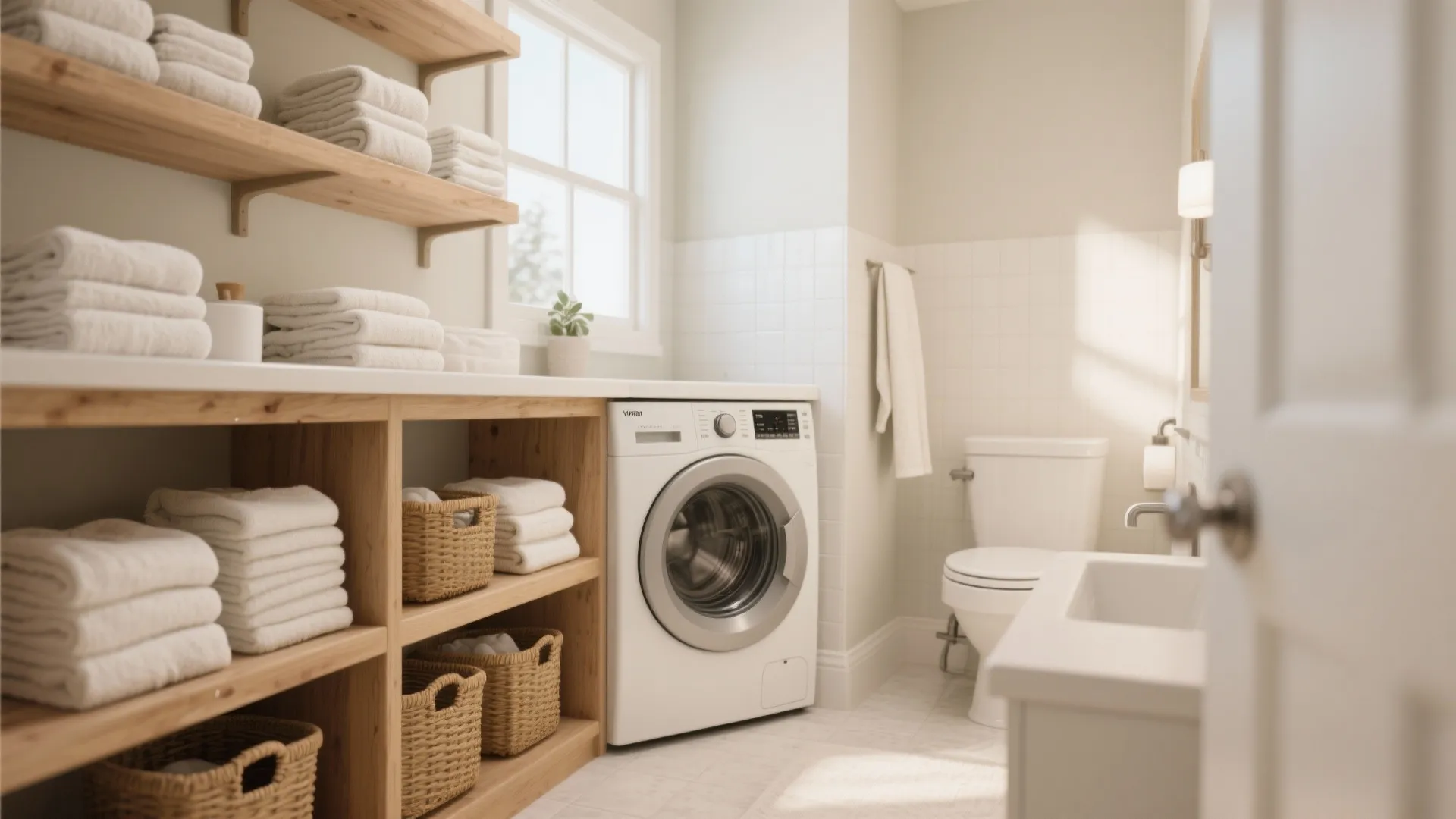 Small laundry room with washing machine under wooden shelves filled with white towels and baskets