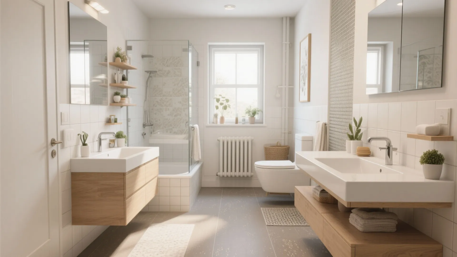Bright bathroom with double sinks wooden cabinets glass shower door white tiles and natural window light