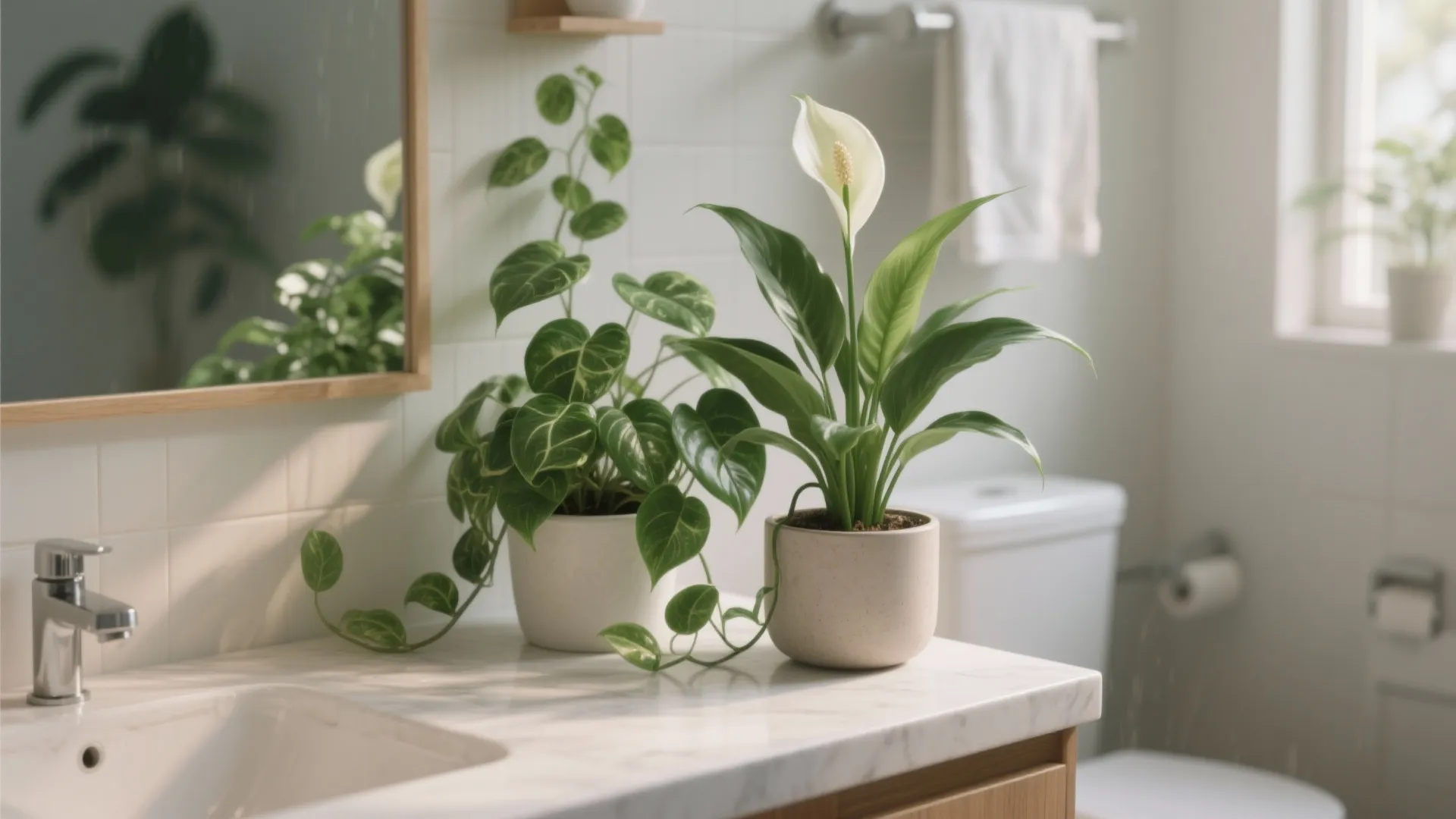 Bright white bathroom counter with green potted plants beside a sink and a large mirror