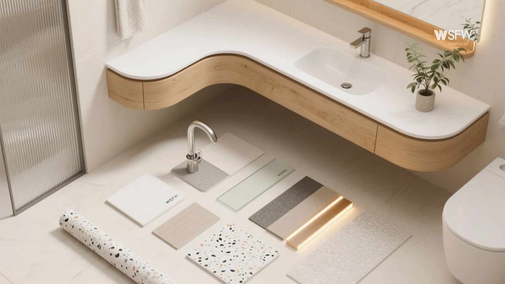 Modern bathroom design drawing showing various tiles wood samples and sink on a beige floor