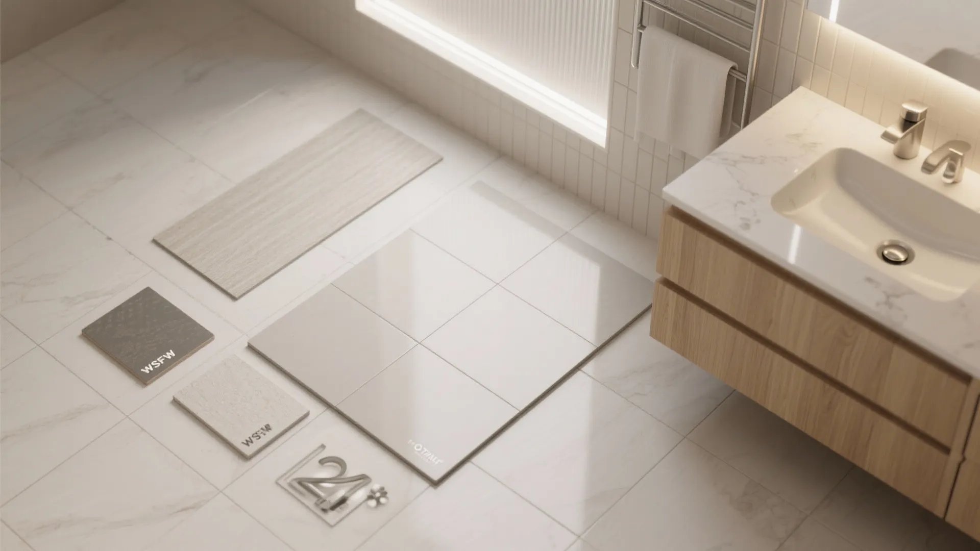 Bathroom renovation material samples placed on marble floor next to wooden sink cabinet and white sink