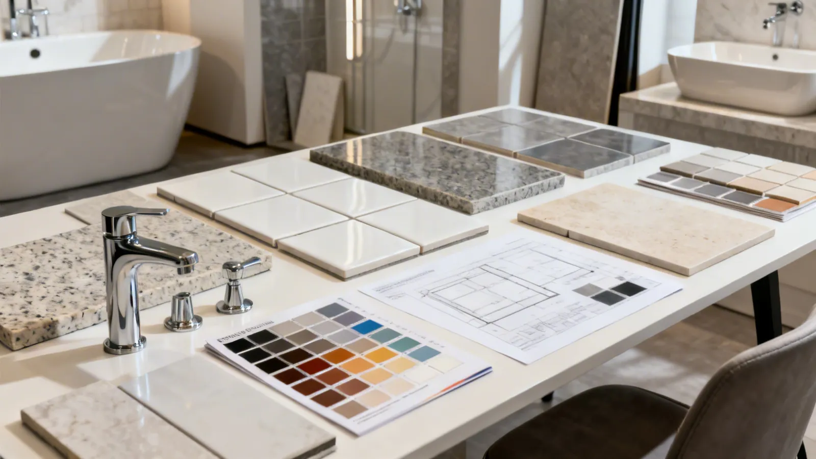 Bathroom renovation material samples including tile and countertop