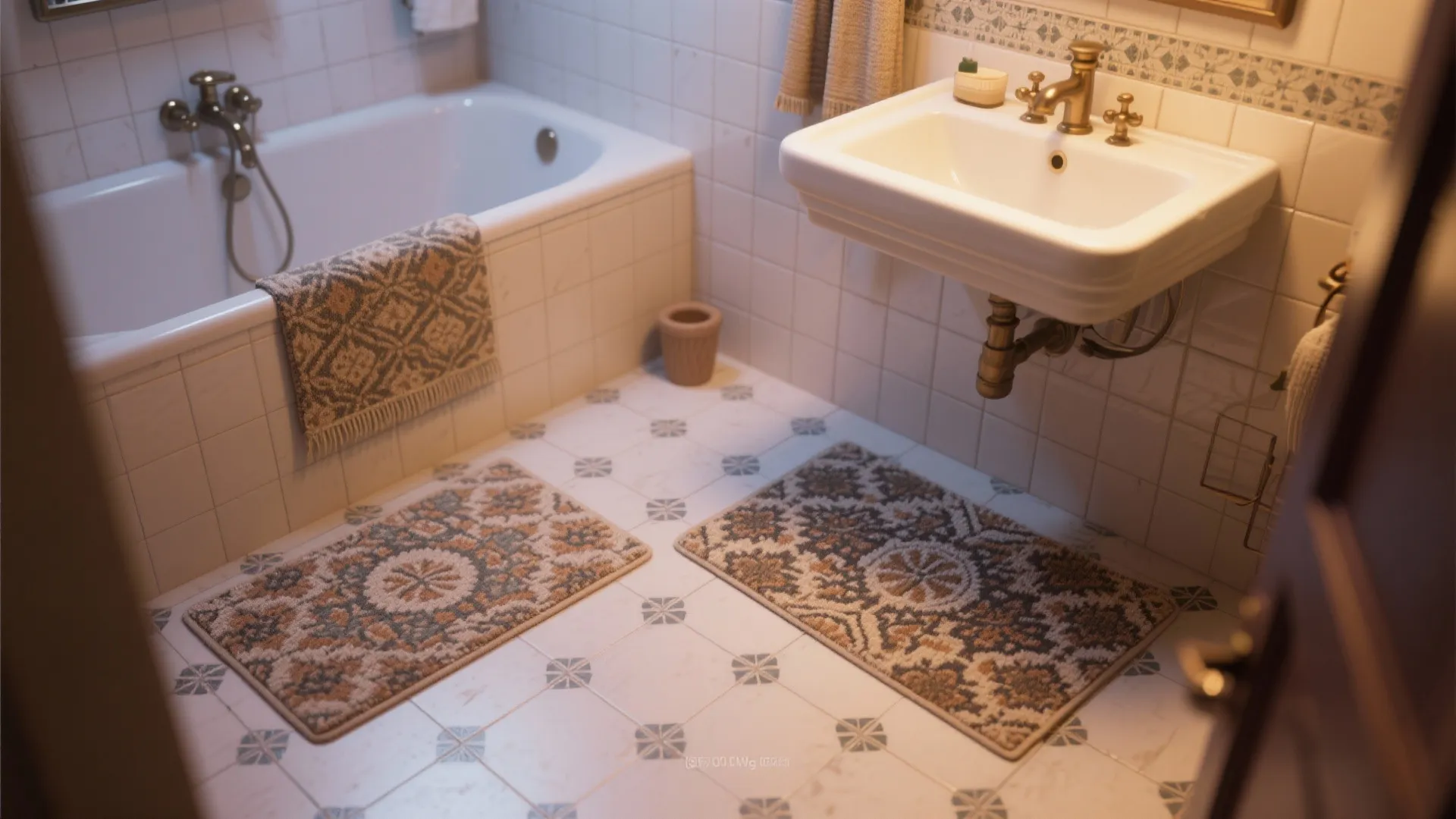 2. Use rugs and mats to soften tile-heavy spaces