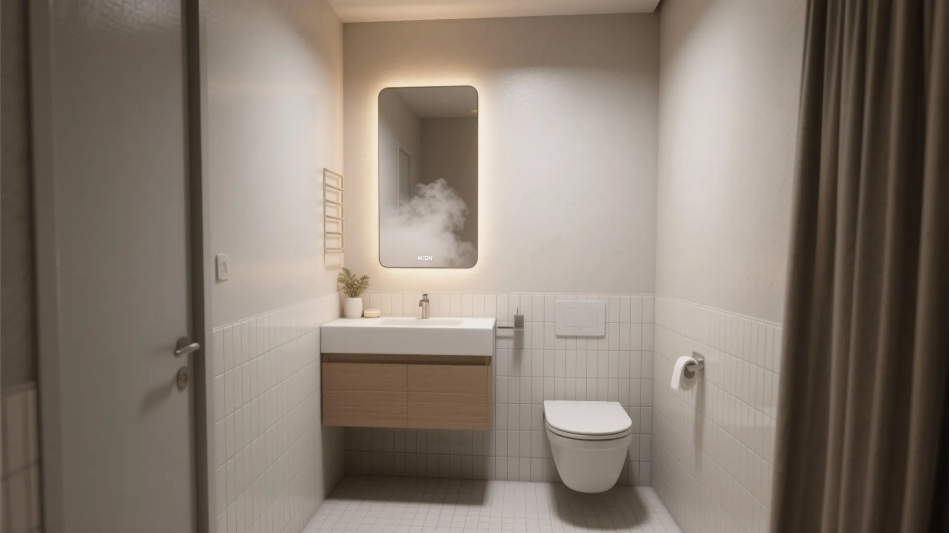 Compact bathroom with soft matte walls, satin trim, and moisture-resistant finishes under soft daylight.
