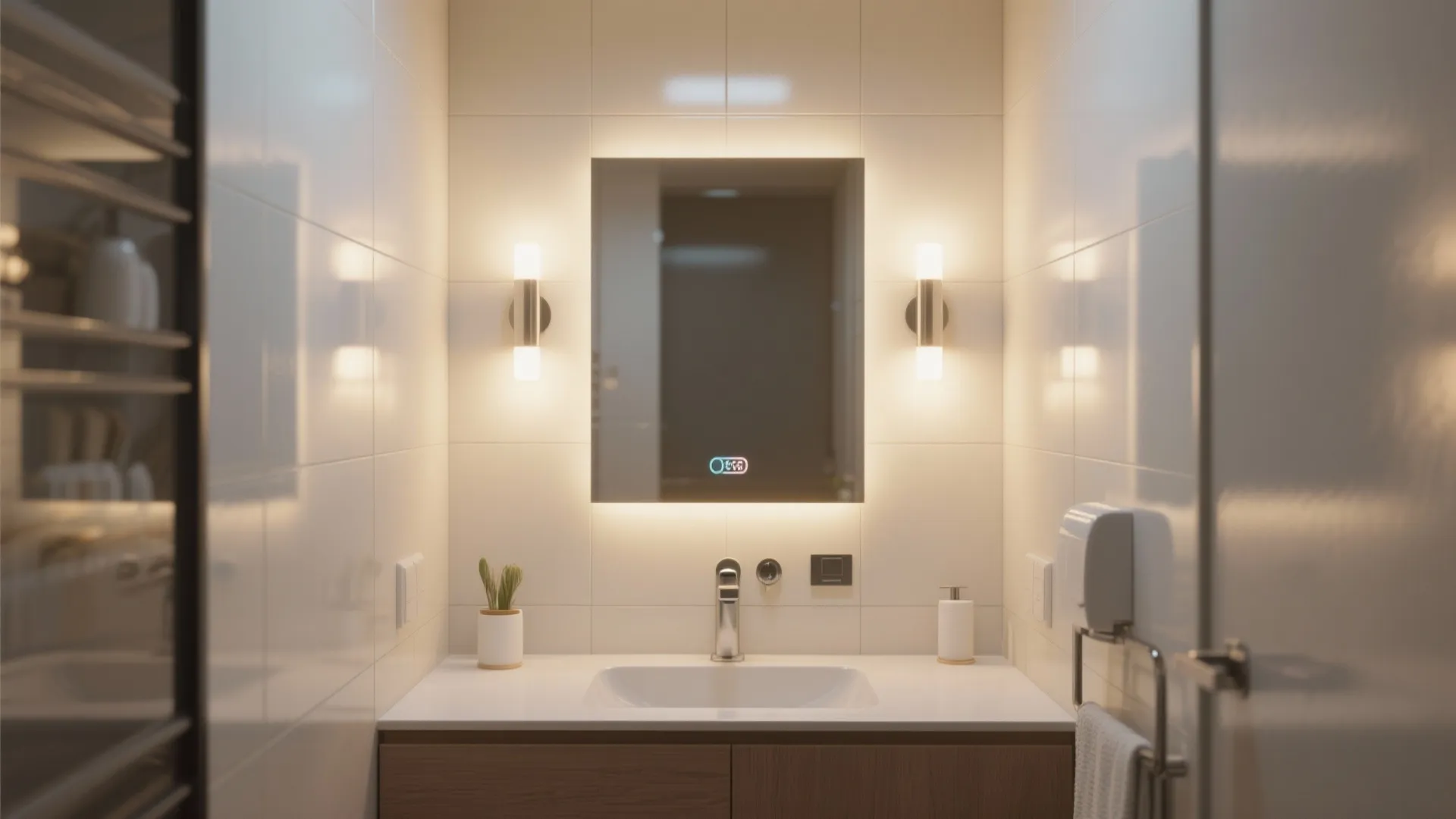 Modern bathroom with glowing square mirror two wall lights white sink and wooden storage cabinet
