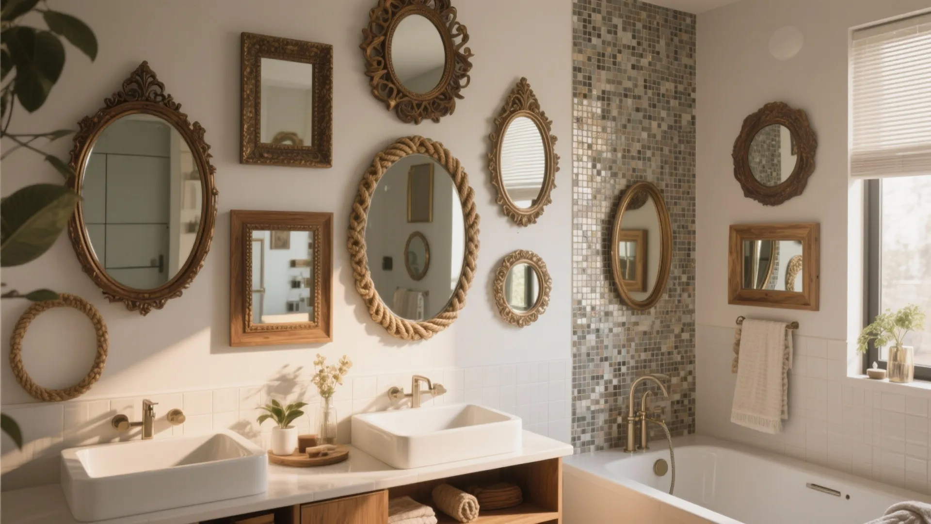 Bathroom wall decorated with multiple small antique mirrors above double white sinks and a bathtub