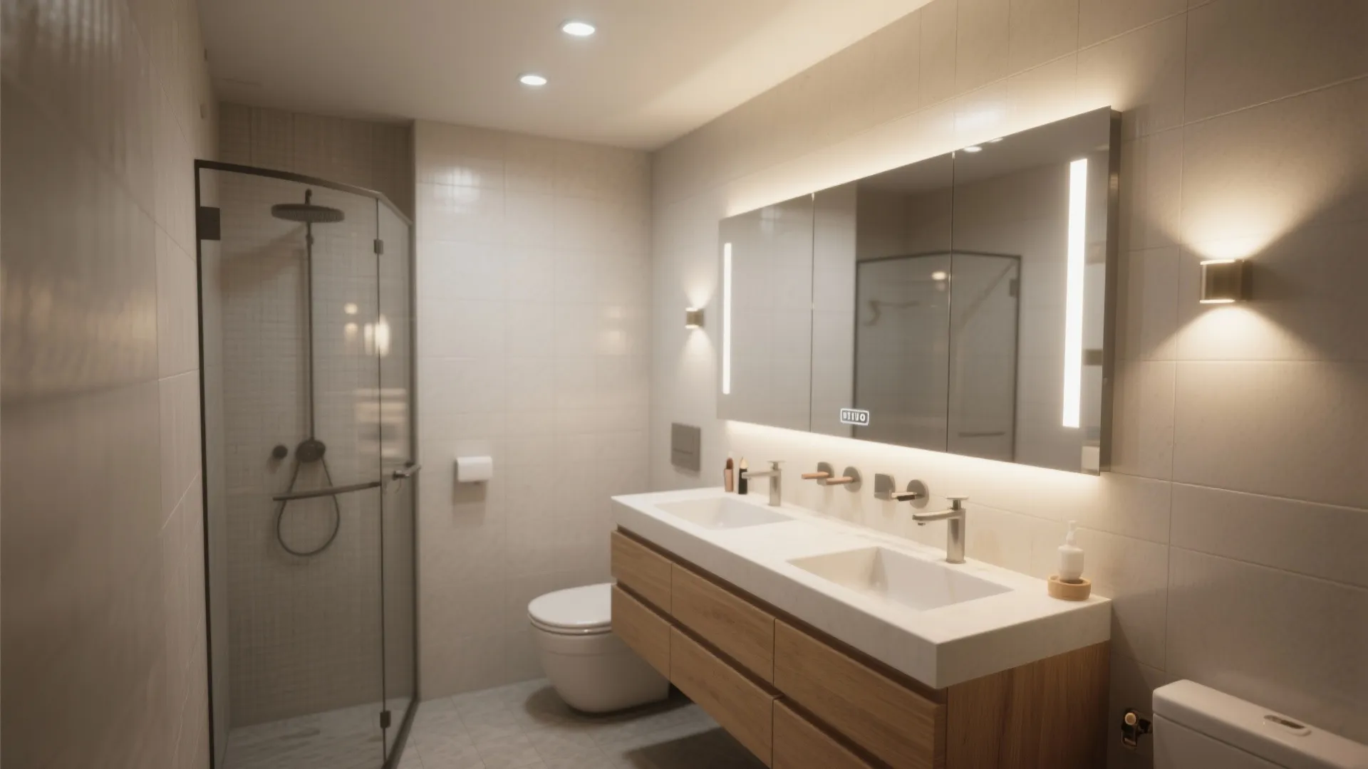 Small bathroom vanity with recessed lights flanking a mirror providing even, flattering illumination.