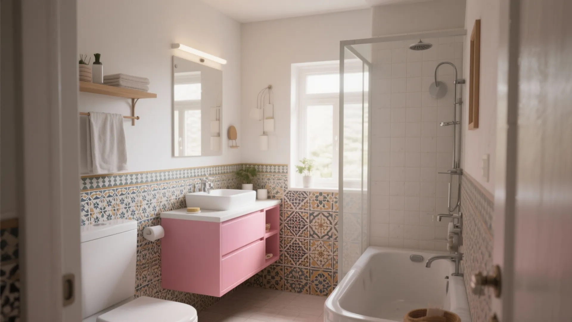 Eclectic bathroom featuring pink cabinet patterned wall tiles white bathtub shower area and natural light