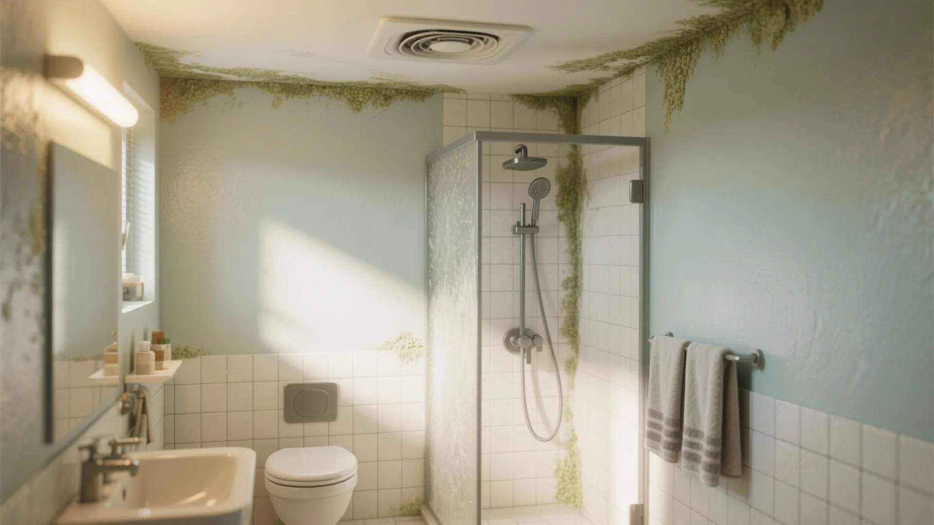 Bathroom interior showing mold growth on green walls and ceiling near the glass shower door area