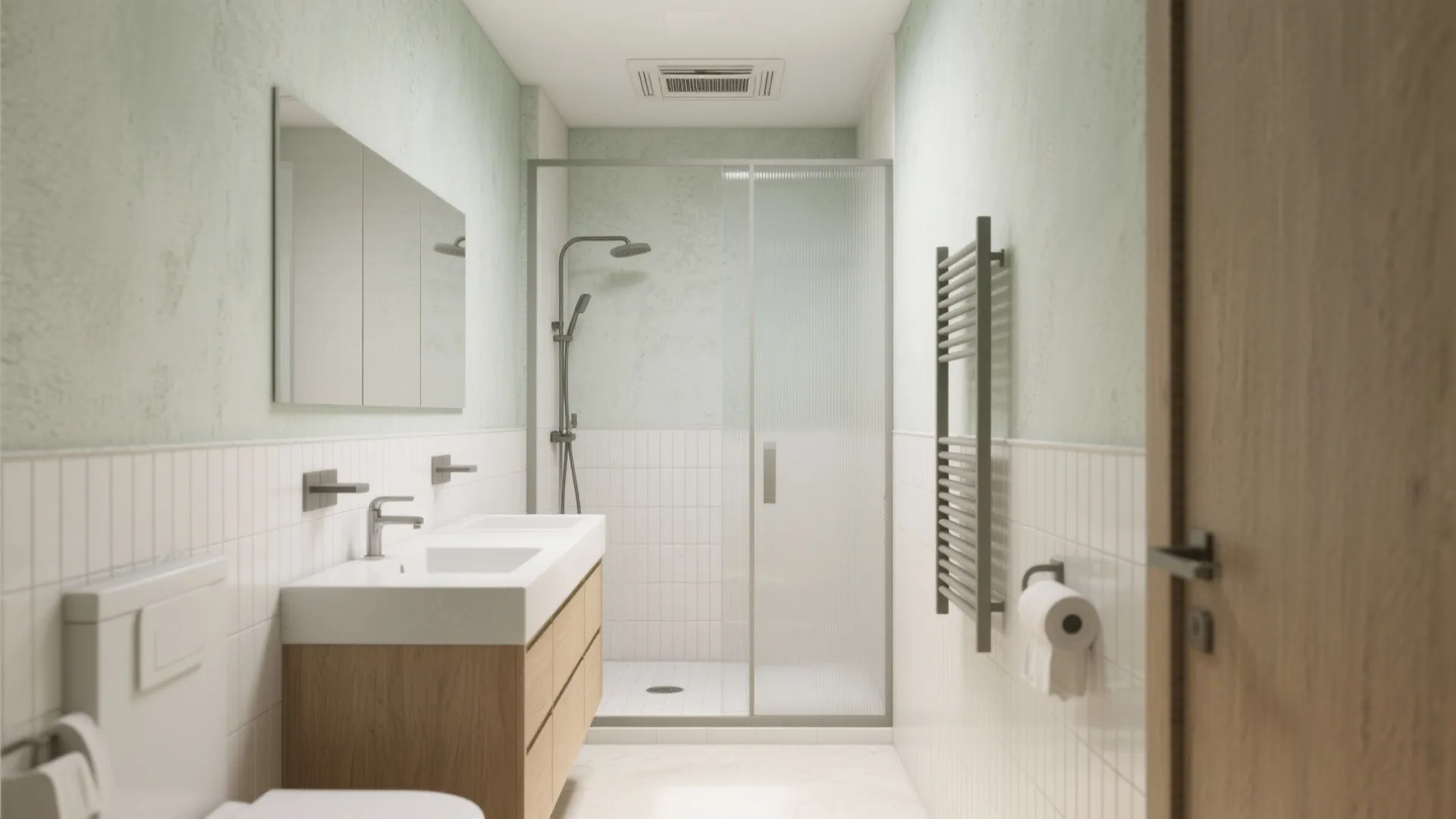 Guest bathroom with limewash on dry wall areas and tiles or panels in direct wet zones for protection.