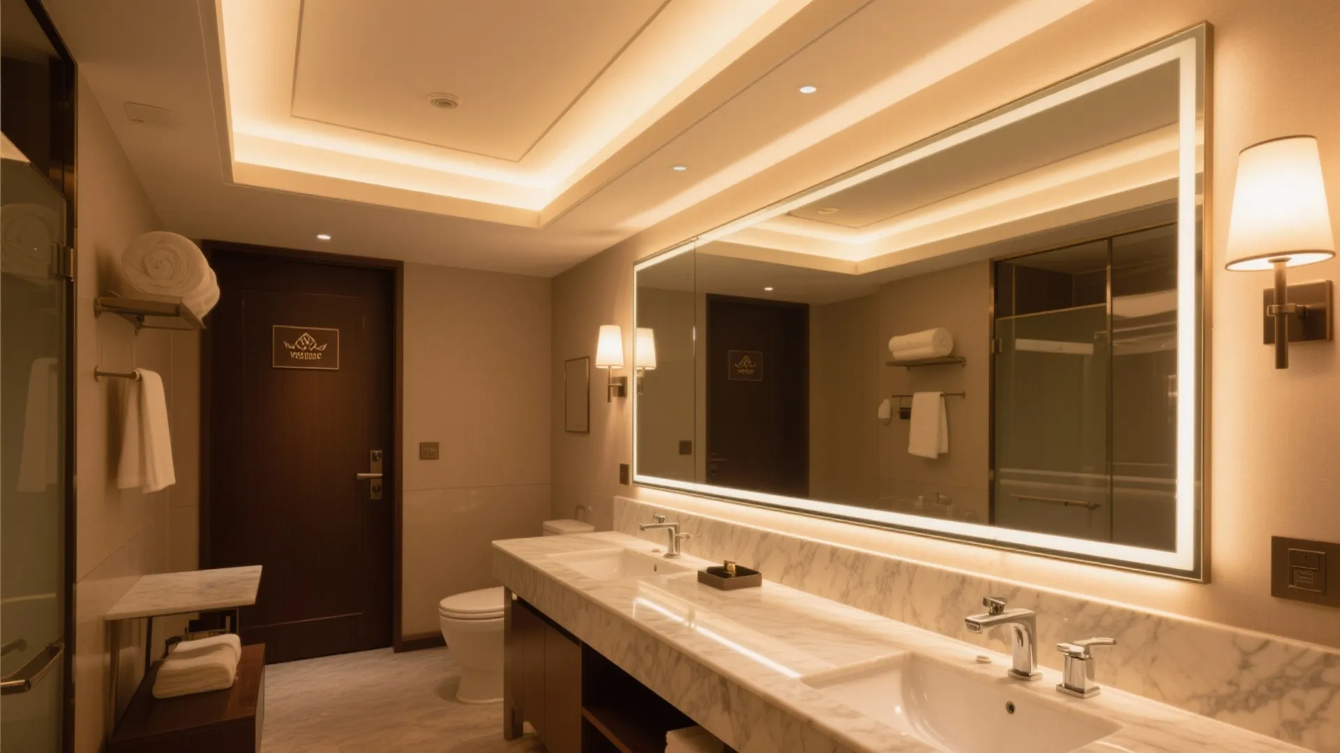 Modern bathroom featuring warm ceiling light a large lit mirror marble counter and wooden door