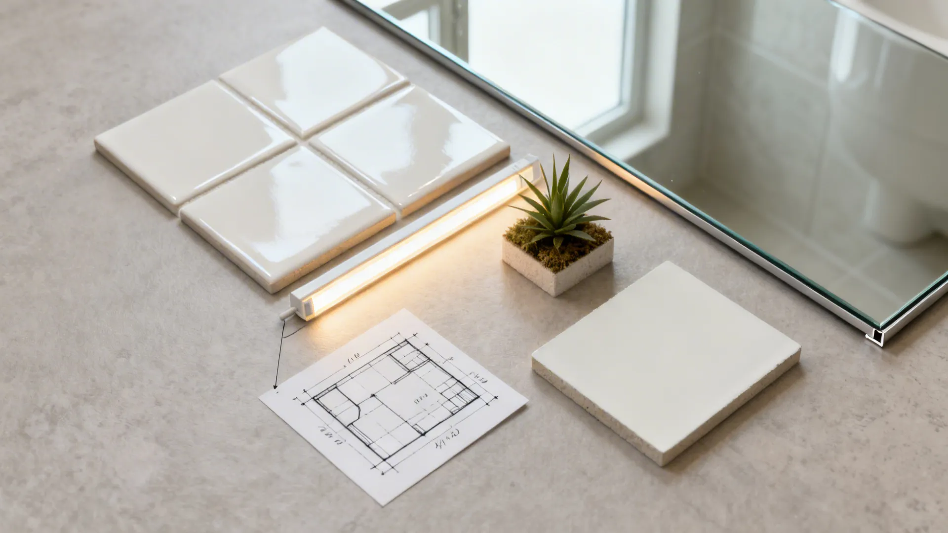 Flatlay moodboard with tile swatches, LED strip sample, faux plant, and paint chip for a windowless bathroom.