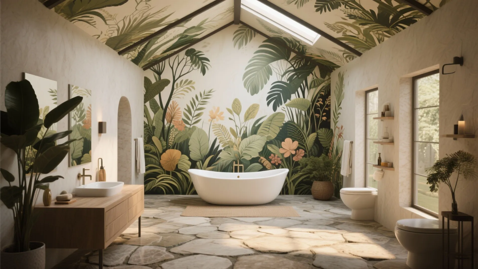 High ceiling bathroom with full-height botanical mural