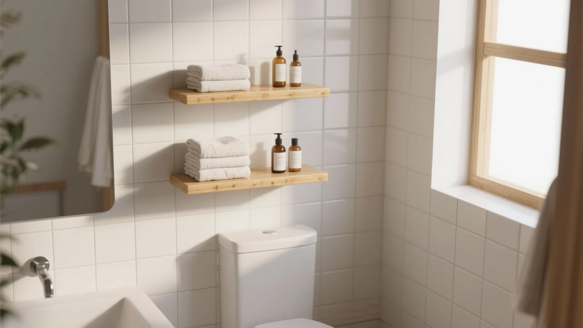 Minimalist bathroom featuring white wall tiles, wooden shelves with folded towels, and a white toilet