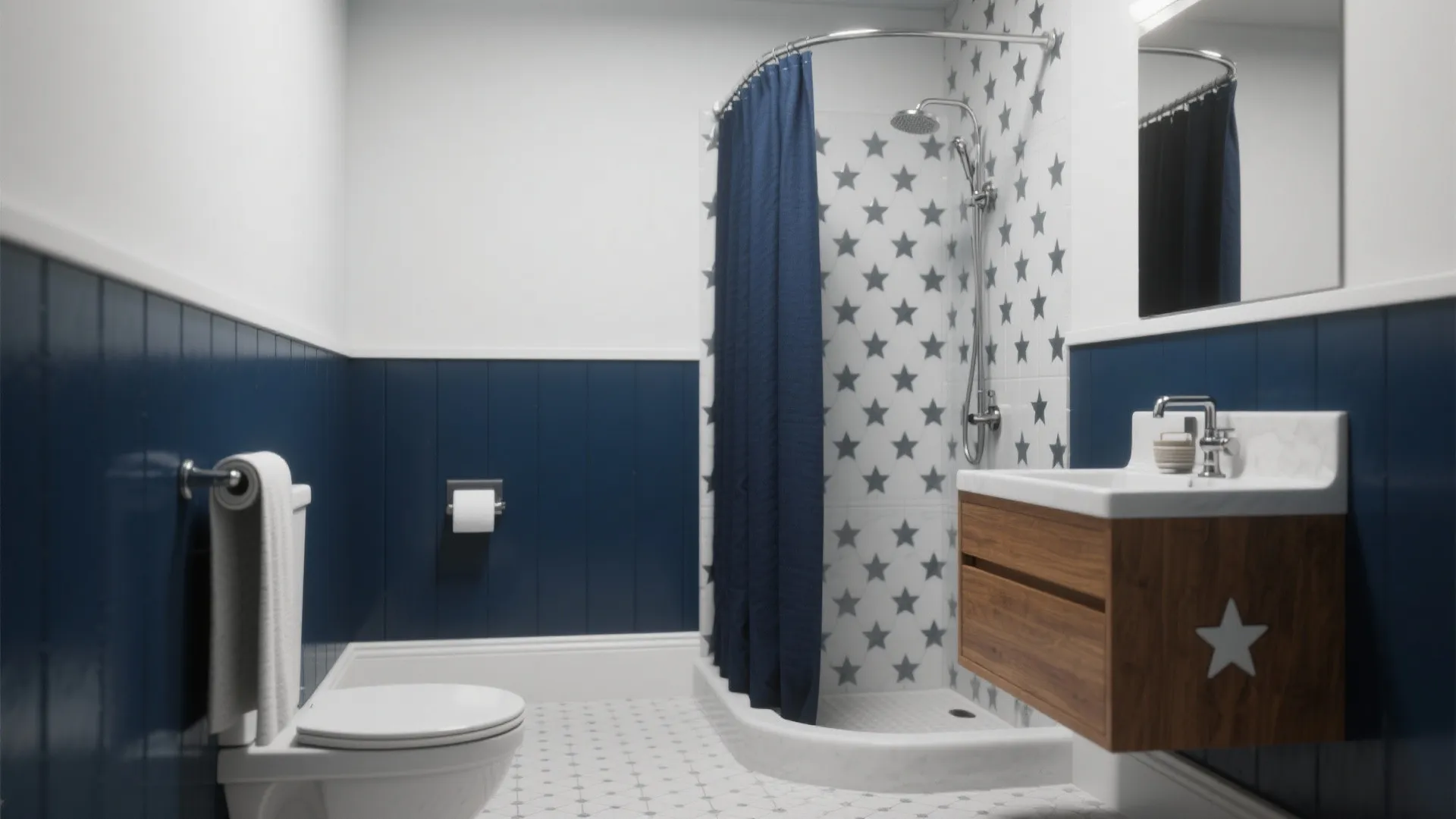 Bathroom interior with blue wall panels, star pattern shower tiles, wooden cabinet, and white toilet