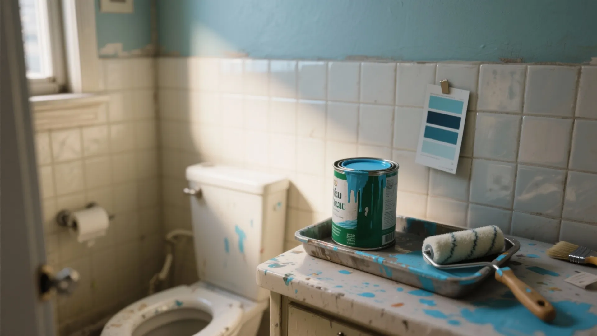 Small bathroom renovation scene with blue paint can paint roller and color swatches on wall