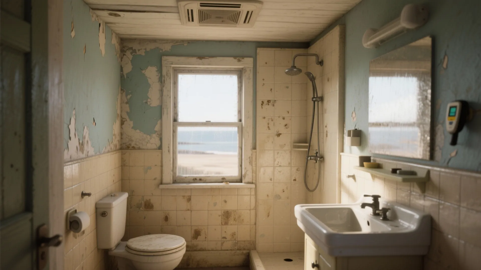 Old bathroom showing peeling paint on walls with stained tiles near toilet and a sink