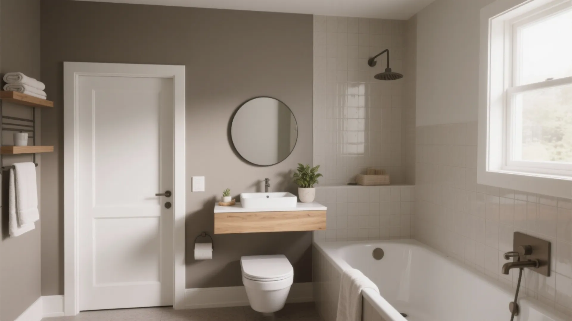 Modern bathroom with taupe walls white door round mirror wooden floating vanity toilet and bathtub